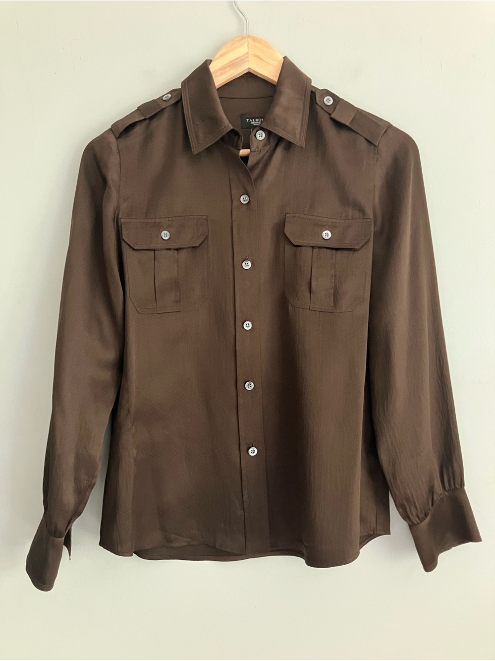 TALBOTS Espresso Brown Silk Button Down Utility Blouse Size 4P
